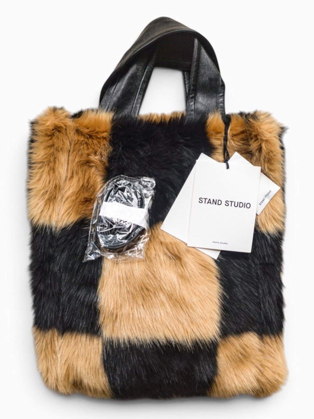 Stand Studio Leia Faux Fur Check Tote, Black/Beige, NWT ($435 Retail)